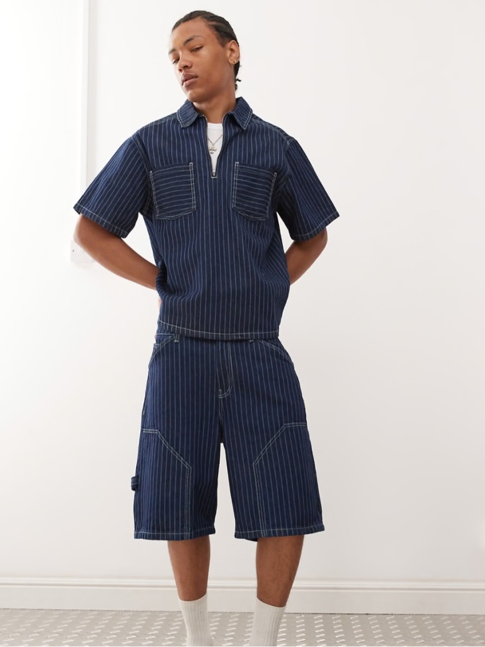 ASOS Navy Pinstripe Relaxed Cargo Shorts And Shirt
